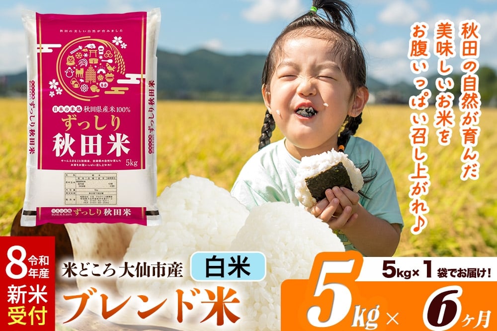 
                  《令和8年産 新米受付》《定期便6ヶ月》米どころ 秋田県大仙市産 ブレンド米【白米】5kg（5kg×1袋） [米 お米 こめ 白米 精米 ブレンド米 小分け ご飯 ごはん 米どころ 秋田県産 大仙市]
                