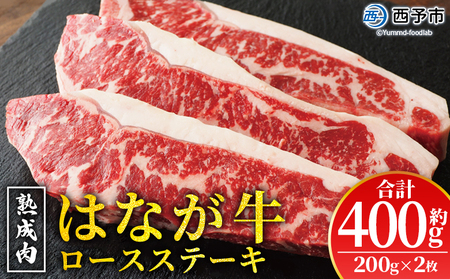 ＜熟成肉 はなが牛 ロースステーキ 2枚（1枚200g）＞ 牛肉 牛 肉 ろーすすてーき ステーキ サーロイン ブランド牛 鉄板焼き 焼き肉 焼肉 バーベキュー BBQ 国産 小分け 特産品 愛媛県 ゆうぼく 西予市【冷凍】『2か月以内に順次発送』UYB0016