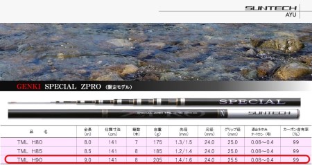 734-1【日本製・鮎竿限定モデル】サンテック GENKI SPECIAL ZPRO TML H90 
