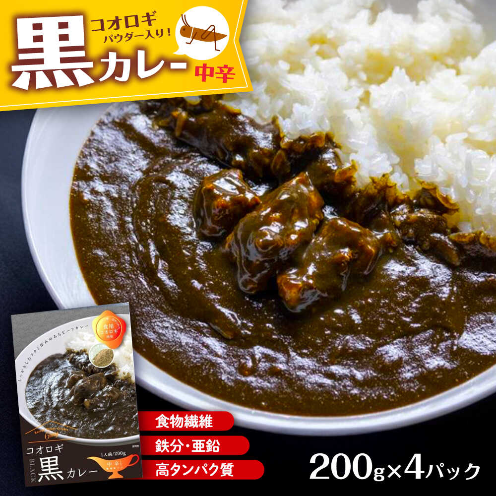 【ふるさと納税】イエコオロギパウダー コオロギ黒カレー4個セット／ビーフカレー スパイスカレー タンパク質 食物繊維 鉄分 亜鉛 保存食 防災 内子町【株式会社ヒューネット風の谷うちこおろぎファーム】[BKBN001]
