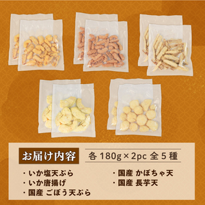 冷凍食品5種類セット (いか塩天ぷら いか唐揚げ ごぼう天ぷら かぼちゃ天ぷら 長芋天ぷら) 各180g×2袋 計1.8kg