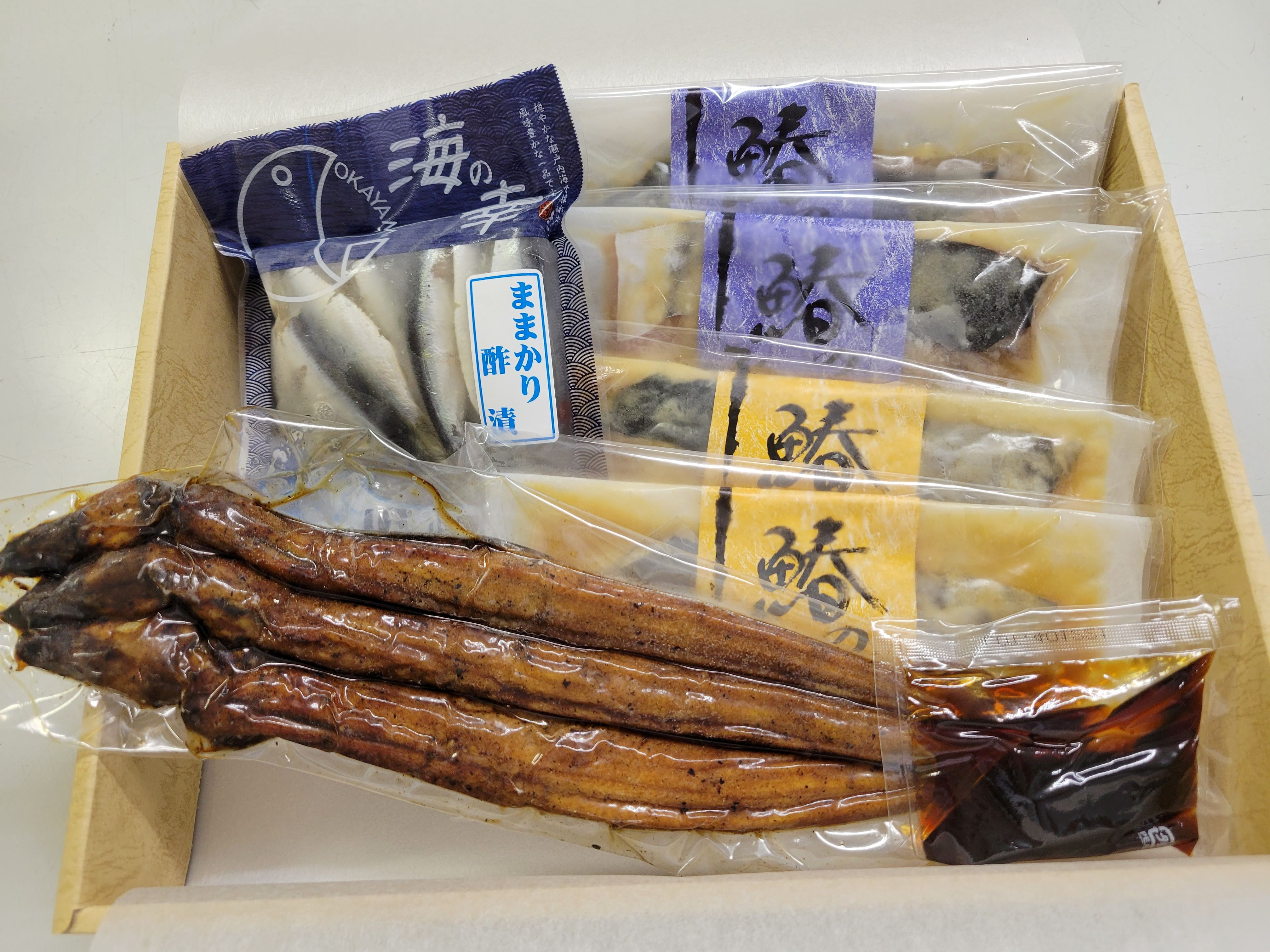 
            瀬戸内海産　地物詰合せ【焼あなご ままかりの酢漬 鰆の味噌漬 鰆の味噌煮】
          