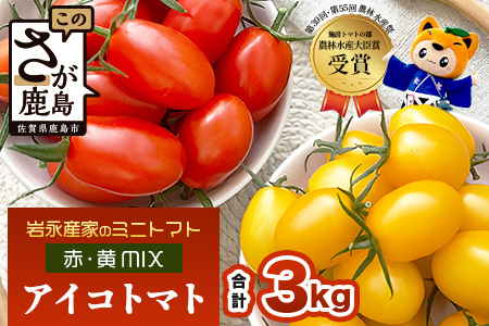 岩永さんちの カラフル ミニトマト | アイコ赤･黄MIX 3kg |【農林水産大臣賞受賞】有機肥料・化学肥料不使用 | 生産者直送 野菜 トマト 3kg とまと プチトマト サラダ やさい 旬 新鮮 おやつ お弁当 人気 送料無料 佐賀県 鹿島市 D-285