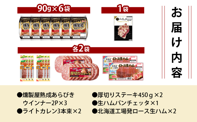 燻製屋熟成あらびきウインナー・ソーセージ・生ハム詰め合わせB 燻製屋熟成あらびきウインナー2P×3、ライトカレン3本束×2、厚切りステーキ450ｇ×2、生ハムパンチェッタ×1、北海道工場発ロース生ハム
