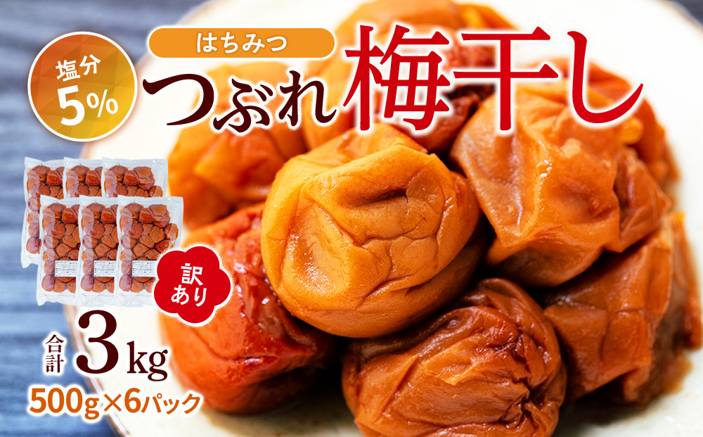 訳あり つぶれ 梅干し  500g×6パック 合計3kg はちみつ 塩分 約5％［TR1w］ 304018_CS018