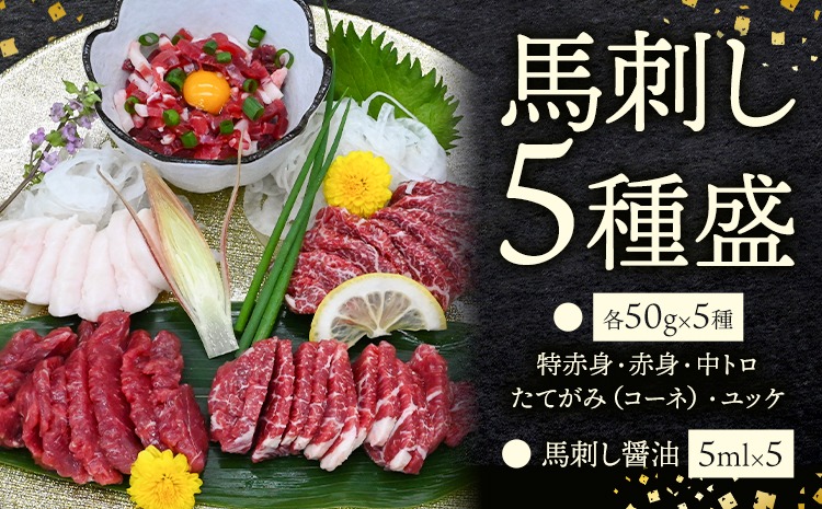 馬刺し5種盛 50g×5・特赤身・赤身・中トロ・たてがみ（コーネ）・ユッケ馬刺し醤油（5ml×5) 株式会社ドクタージュ《30日以内に出荷予定(土日祝除く)》熊本県 南阿蘇村 熊本県産 熊本 馬刺し 赤身 送料無料---sms_fdcbssyu_30d_23000_5p---