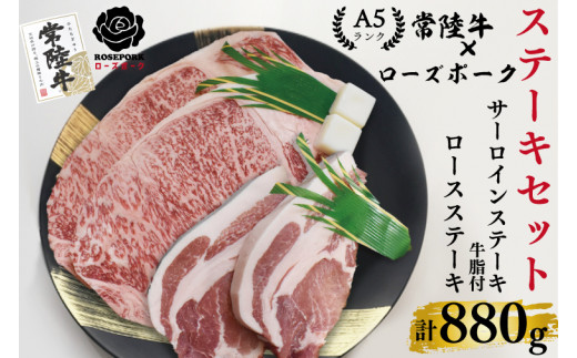 
EK-45【常陸牛A5ランク・ローズポークステーキセット】常陸牛サーロインステーキ600g（300g×２枚）＋ローズポークロースステーキ280g（140g×２枚）
