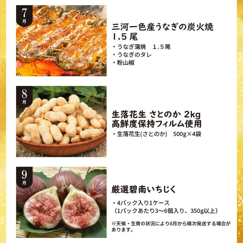 定期便 12回 厳選 肉 魚 野菜 フルーツ すべて 詰まった 旬 全12回 12ヶ月 いちご いちじく カレー トマト うなぎ しらす ベーグル 甘栗 ナッツ 生落花生 米 ハム 鶏 鍋セット お届