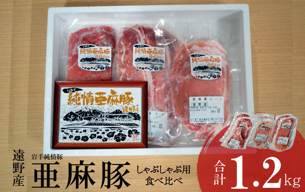 
                  いわて純情豚 遠野産 亜麻豚 しゃぶしゃぶ 用 食べ比べ 合計1.2kg ロース モモ ウデ 肉 各 200g×2P 笹村精肉店 ブランド 豚肉 岩手県 遠野市 セット 詰め合わせ 冷凍 ギフト
                