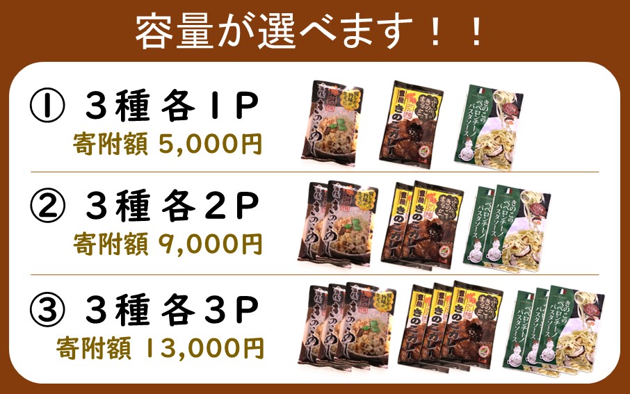 大分きのこのレトルトセット（カレー、炊き込みご飯の素、パスタソース／各１P）合計3P 椎茸 しいたけ シイタケ 簡単 手軽 ストック_2651R-1