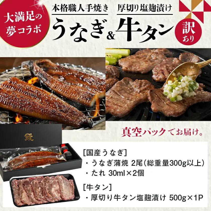 大満足の夢コラボ☆うなぎ&厚切り牛タンセット≪みやこんじょ特急便≫〔AC-3308-Q〕_(都城市) 訳あり 不揃い スリット加工 塩麹 牛 タン 国産うなぎ 蒲焼