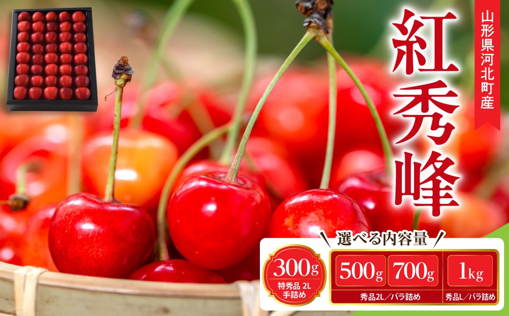 
                  選べる内容量!【令和9年産】さくらんぼ 紅秀峰 300g/500g/700g/1kg L / 2L玉以上 秀品 / 特秀品 山形県産【山形eLab】 (かほく サクランボ チェリー ベニシュウホウ 先行予約 先行受付 2027年 フルーツ 果物 旬の果物 産地直送 お取り寄せ くだもの 高級 ギフト プレゼント 贈り物 内祝い お中元 贈答 贈答用 国産 予約 東北)
                