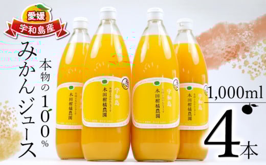 みかんジュース 本物の100％みかんジュース 1,000ml × 4本 木田柑橘農園 先行予約 南柑20号 温州みかん 温州蜜柑 みかん mikan ストレート オレンジ 果汁100％  ストレートジュース 果物 くだもの フルーツ  ギフト プレゼント 国産 愛媛 宇和島 H017-185001