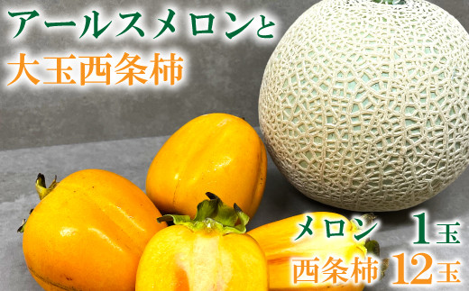 糖度14度以上のアールスメロン秀品1玉と大玉西条柿12玉のセット【先行予約 メロン 柿 期間限定 季節限定 早期予約 果物 フルーツ めろん アールスメロン 秀品 2L 1玉 糖度14度以上 青肉 西条柿 3L 12玉 渋抜き済み 高糖度 大玉サイズ ギフトBOX 冷蔵 10月中旬～11月上旬発送】