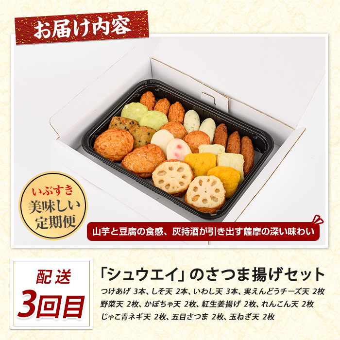 【全３回定期便】さつま揚げ食べ比べ定期便 (IBZ999-023) シイラさつま揚げ 野菜天 しそ天 いわし天 かぼちゃ天 紅生姜揚げ 平天