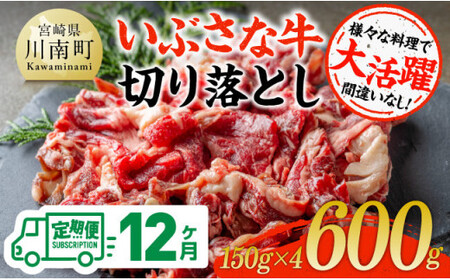 【12ヶ月定期便】いぶさな牛切り落とし 600g (150ｇ×4パック)  【 宮崎県産 牛 焼肉 黒毛和牛 定期便 】