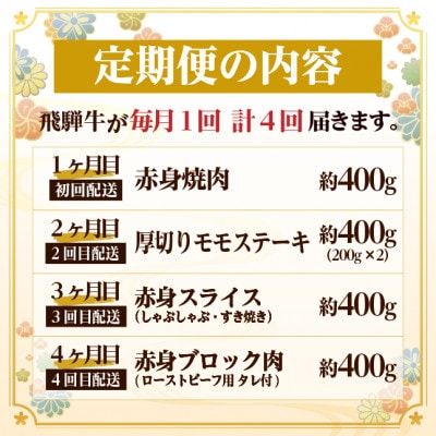 【毎月定期便】飛騨牛 赤身定期便 計1.6kg 焼肉 BBQ すき焼き しゃぶしゃぶ ブロック全4回【配送不可地域:離島】