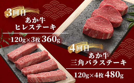 【定期便6回】あか牛希少6種のステーキ 定期便 < サーロイン600g・ランプ450g・ヒレ360g・三角バラ480g・トモサンカク480g・ミスジ480g > 【 牛肉 お肉 ステーキ あか牛 定期