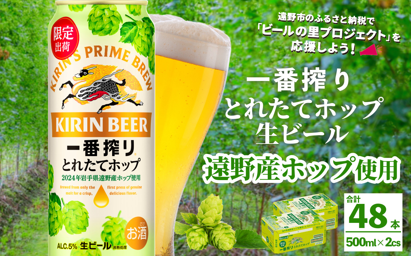 
            キリン 一番搾り とれたてホップ 生ビール 500ml × 24本 2ケース  ＜ 遠野産ホップ 使用 ＞  限定 ビール お酒 BBQ 宅飲み 家飲み 晩酌 ギフト 缶ビール KIRIN 麒麟 きりん キリンビール 人気 ＜ ビールの里 農家 支援 応援 ＞ 
          