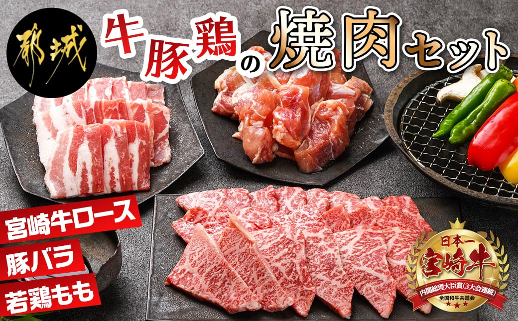 
牛・豚・鶏の焼肉セット(宮崎牛ロース肉・豚バラ肉・若鶏もも肉)_AC-I601_(都城市) 宮崎県産 宮崎牛 ロースまたは肩ロース肉 宮崎県産豚 バラ肉 国産若鶏 もも肉 焼肉用
