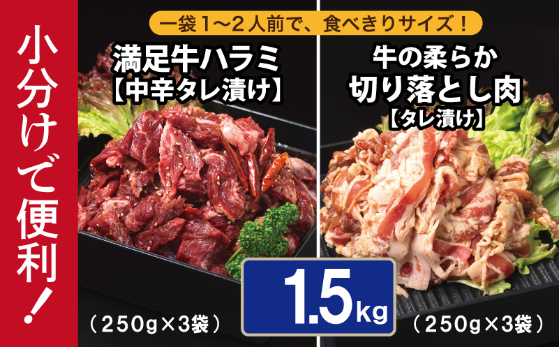【タレ漬け牛肉2種セット】 満足牛ハラミ・牛肉切り落とし 合計1.5kg【味付け ハラミ 小分け 焼くだけ 簡単調理 BBQ 牛肉 250g×各3P】 015B505