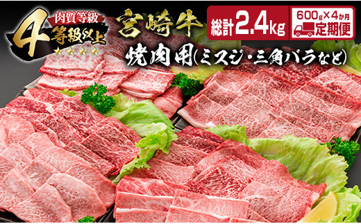 
4か月 お楽しみ 定期便 宮崎牛 焼肉 バラエティ セット 総重量2.4kg 肉 牛 牛肉 黒毛和牛 モモ ミスジ イチボ バラ 国産 おかず 食品 BBQ 送料無料_JE3-23
