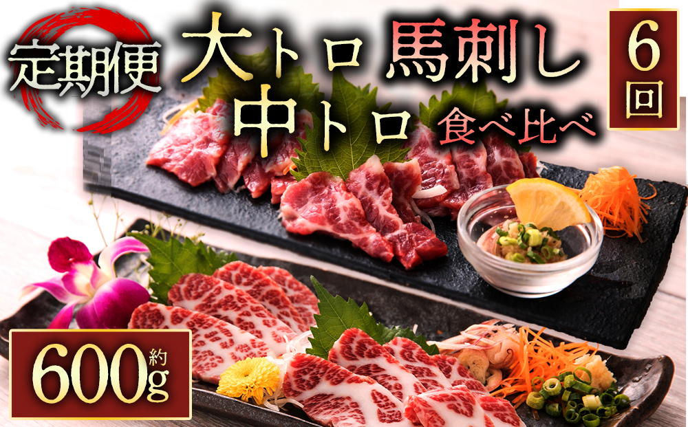 【定期便 全6回】 霜降り馬刺しの食べ比べ約600g（大トロ馬刺し・中トロ馬刺し各約300g）を毎月お届け 醤油・生姜の小袋付き 桜屋 馬刺し 肉 定期便 馬肉 霜降り 大トロ 中トロ 醤油 生姜 食べ比べ 人気 美味しい　父の日 熊本 阿蘇