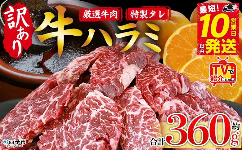 TVで紹介！＜秘伝の特製タレ仕込み！やわらか味付き 牛ハラミ 約360g（360g×1）＞ テレビ TV 訳あり はらみ ハラミ 赤身 大容量 牛肉 お肉 焼肉 BBQ 味付き タレ漬け 甘辛 レシピ 丼 献立 惣菜 おかず 簡単 グルメ 株式会社丸和 愛媛県 西予市【冷凍】『最短10営業日以内に順次出荷』MMW0008