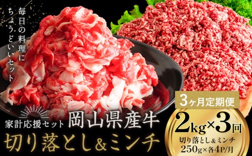【3ヶ月定期便】牛肉 国産 切り落とし ミンチ セット 家計応援 岡山県産牛 2kg×3回 1パック250g《お申し込み月の翌月から出荷開始》岡山県 笠岡市 肉 ひき肉 グルメ お取り寄せグルメ