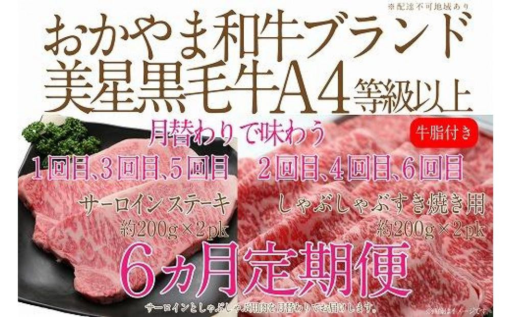 
            【定期便6か月】岡山　黒毛和牛　美星牛　A４等級以上　牛脂付き　6か月定期便 1・3・5回目サーロイン約400g　2・4・6回目しゃぶしゃぶすき焼き約400g　合計約２４００g　 生産者直送便　美星牧場　定期便
          
