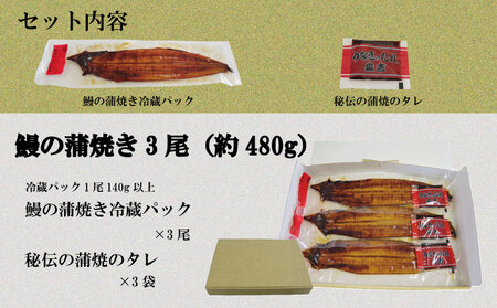 特上うなぎ 蒲焼 国産 3尾 約480g うなぎ