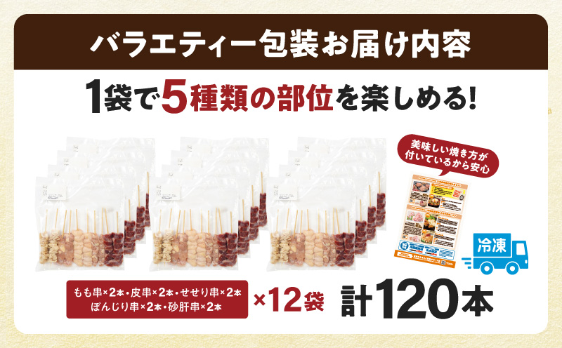 若鶏の焼き鳥セット5種(120本)バラエティーセット 焼き鳥 炭火焼 串焼き もも串 せせり 皮串 ぼんじり 砂肝 炭火焼 BBQ バーベキュー おかず_M146-016-01