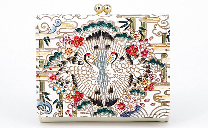 【文庫屋大関】三つ折りミニ財布　むかい鶴【皮革工芸品】 ファッション 小物 民芸品 お札 カード 小銭 手のひらサイズ コンパクト 亀甲文様 牛革 手作り 国産 
