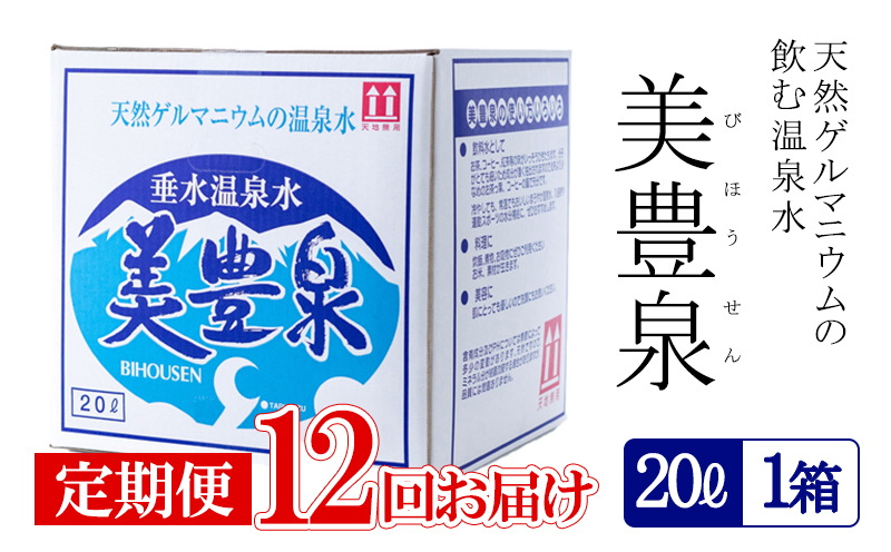 【12回定期便】飲む温泉水/美豊泉(20L×1箱)