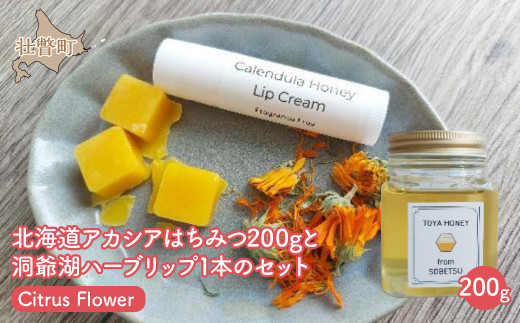 北海道アカシアはちみつ200gと洞爺湖ハーブリップ1本（Citrus Flower）のセット ふるさと納税 人気 おすすめ ランキング 加工食品 はちみつ 美容商品 化粧品 バーム リップクリーム カレンデュラ ハーブ 保湿 北海道 壮瞥町 送料無料 SBTX006-2