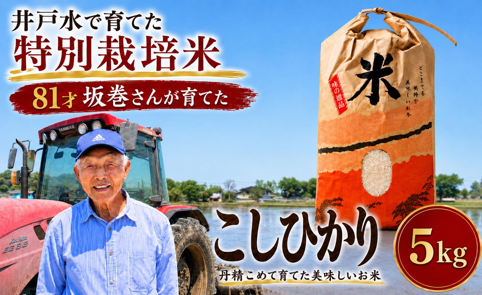 
                  桶川産のコシヒカリ 令和7年産 井戸水使用 特別栽培米 5kg 精米 | こしひかり コシヒカリ 米 お米 白米 埼玉県 桶川市
                