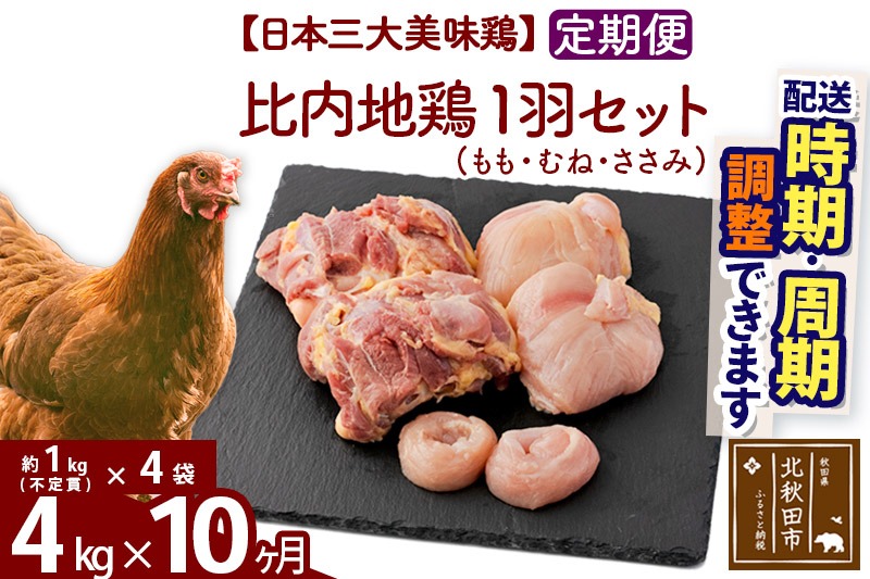 《定期便10ヶ月》 比内地鶏 1羽セット（もも・むね・ささみ） 約4kg（約1kg（不定貫）×4袋）×10回 計40kg 時期選べる お届け周期調整可能 10か月 10ヵ月 10カ月 10ケ月 40キロ 国産 冷凍 正肉 鶏肉 鳥肉|jaat-021410
