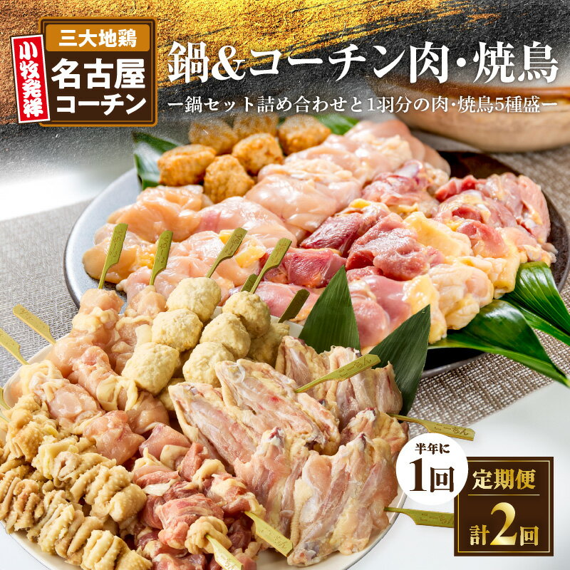 【ふるさと納税】名古屋コーチン鍋 名古屋コーチン1羽分 名古屋コーチン焼鳥 セット 2回 定期便 半年に1回 日本三大地鶏 地鶏 鶏 鶏肉 もも肉 肉団子 スープ 鍋 鶏鍋 スープ付き 焼き鳥 食感 コク 旨み 料理 冷凍 お取り寄せ お取り寄せグルメ 食品 愛知県 小牧市 送料無料