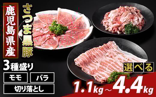 
            K-469 ＜選べる容量＞鹿児島県産 さつま黒豚3種盛り(計1.1kg～4.4kg)【ふるさと産直バザール】霧島市 モモ バラ 切落し 黒豚 国産 鹿児島県産 肉 精肉
          