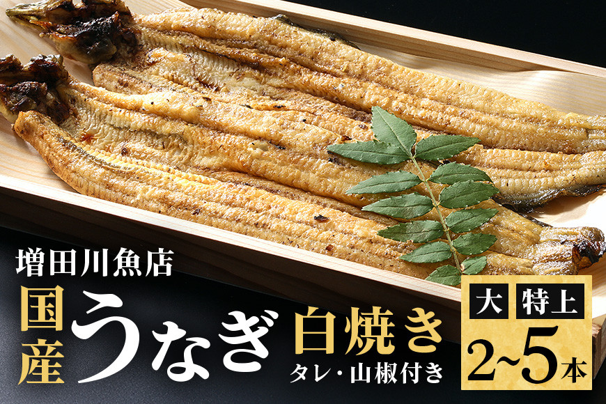 
            増田川魚店のうなぎ白焼 選べる＜特上＞＜大＞ 2尾～5尾 16000円からうなぎ 白焼き 愛知県三河産 国産 ウナギ 鰻 炭火焼き しらやき ふっくら仕上げ 新鮮 活き締め 贈答用 ギフト 冷蔵配送 茨城県 潮来市
          