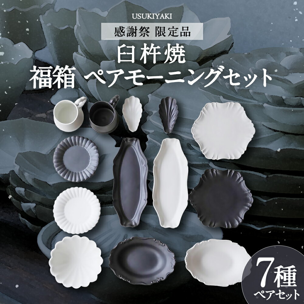 【ふるさと納税】【感謝祭＊限定品】〔臼杵焼〕福箱 ペアモーニングセット 計13個 サラダボウル×1 オーバルボウル×2 雲形取手の復刻マグ×2 ヘキサゴナルプレート×2 貝豆皿×2 オバール長皿×2 デザート皿×2 白・黒 アフタヌーンティーセット 茶器 食器 工芸品 送料無料