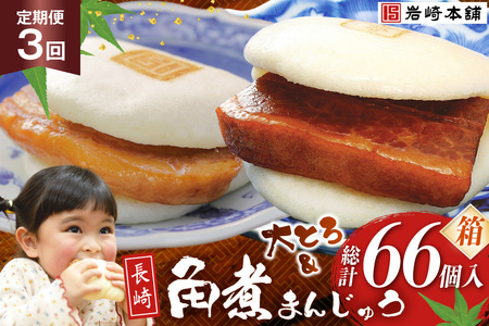 BJ083 岩崎本舗 【3回定期便】長崎角煮まんじゅう 12個入・大とろ角煮まんじゅう 10個入 (箱) [長崎県 島原市]