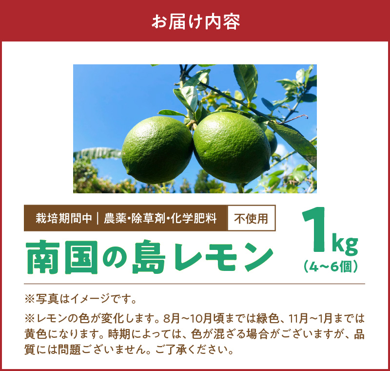 ■【先行受付】栽培期間中 農薬・除草剤・化学肥料不使用！南国の島レモン 1kg！【2026年9月～2027年2月下旬お届け】　W043-005u