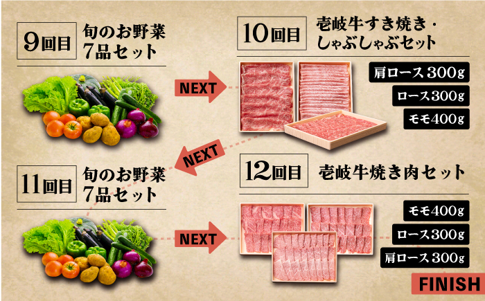 【全12回定期便】《A4～A5ランク》壱岐牛と旬の野菜定期便《壱岐市》【壱岐市農業協同組合】 [JBO079] 《A4～A5ランク》 肉 黒毛和牛 野菜 旬 詰め合わせ 贅沢 BBQ 296000円