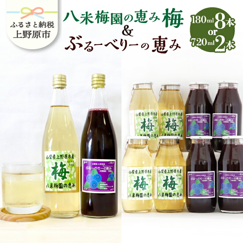 【ふるさと納税】 梅ジュース ブルーベリージュース 180ml×8本 720ml×2本 無添加 自然栽培 八米梅園 国産 保存料不使用 梅果汁入り 濃厚 飲料 ドリンク 美味しい 瓶 夏ギフト 贈り物 お取り寄せ 山梨県産 上野原市 送料無料