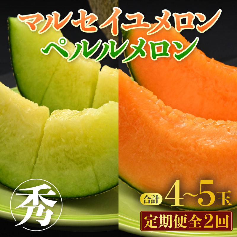 【先行予約】《定期便全2回》佐藤農園のメロン好きにはたまらん！赤肉青肉食べ比べ（マルセイユ・ペルルメロン）計4～5玉 農家直送 秀品 お届け！/ 特産 旬 夏 果物 完熟 メロン 朝どれ 美味しい お取り寄せ ※2026年6月上旬より順次発送 [aw069-b002]