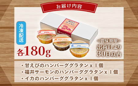三国港の海鮮ハンバーググラタン（甘えび・いか・ふくいサーモン）3個セット【グラタン ハンバーグ 海鮮 魚介類 エビ 海老 サーモン ふくいサーモン いか 烏賊 惣菜 おかず セット 詰合せ 冷凍】 [