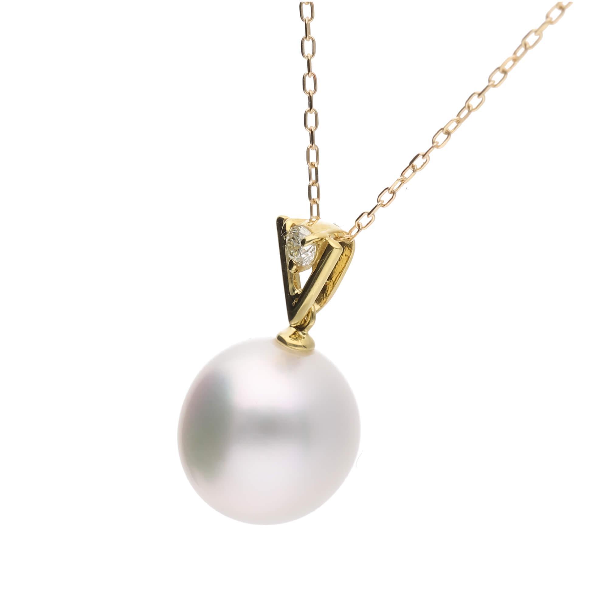 【星影】一粒 シロチョウパール ダイヤモンド イエローゴールド ペンダント｜無調色 白蝶真珠（南洋真珠) 10mm K18YG　　