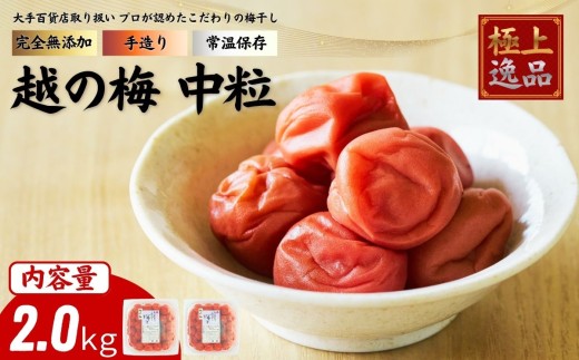 及川農園 梅干し 越の梅 【中粒】 2.0kg / 賞味期限 約3年 国産 手作り 完全無添加 大手航空会社 国際線 ファーストクラス 12年連続採用 百貨店取り扱い 梅 セット グルメ お取り寄せ 特別 ギフト 贈答品 贈り物 送料無料 【#0159-2000】