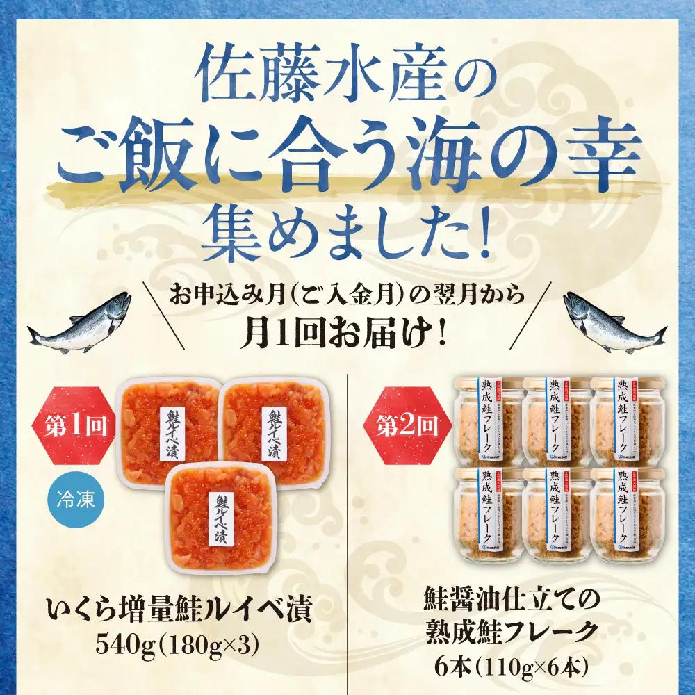 【定期便6回】佐藤水産 ご飯がすすむ！海の幸づくし定期便（鮭・いくら・筋子） | イクラ サケ ルイベ サケフレーク 塩レモン 麻辣 海鮮 魚介 おかず ご飯 北海道 札幌市